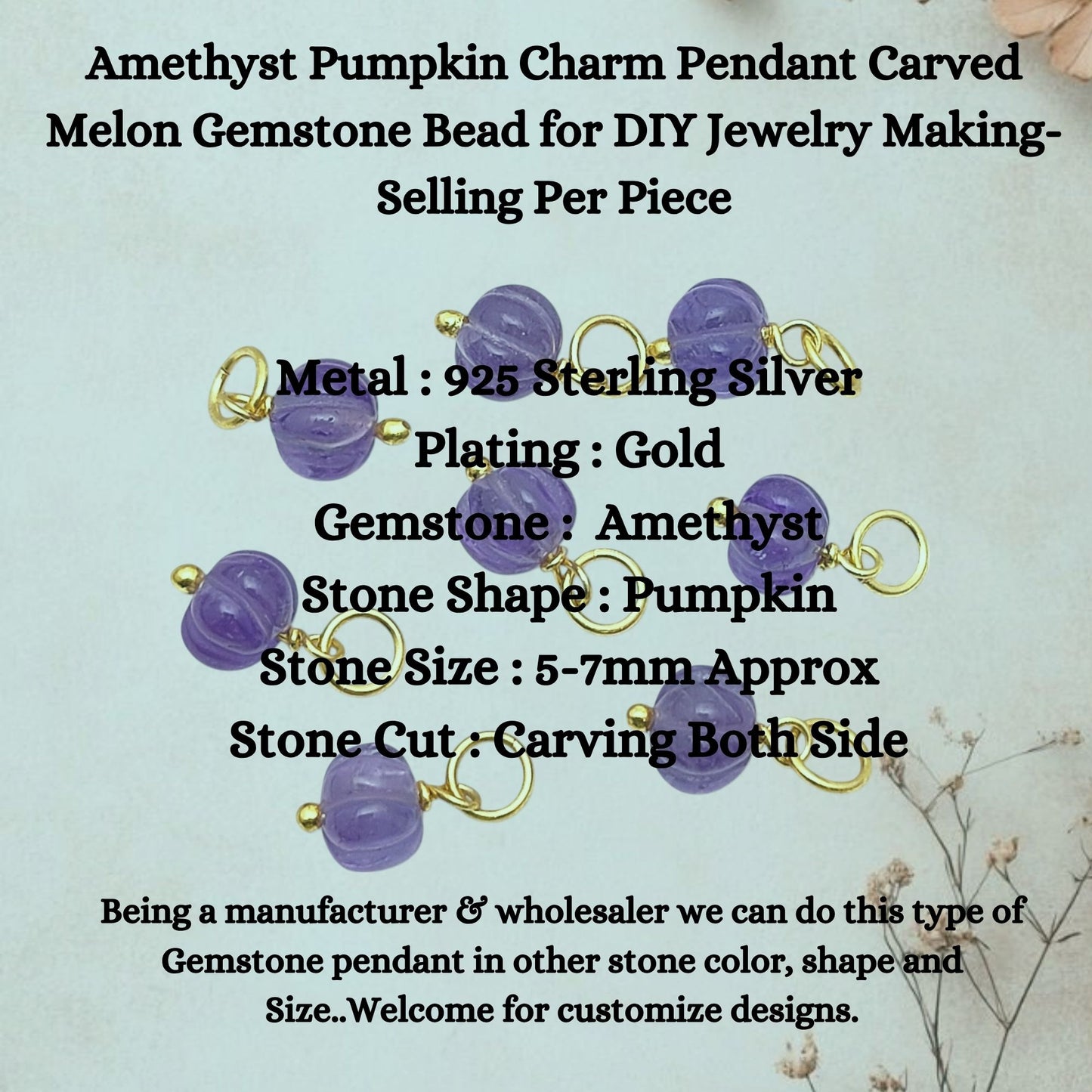 Amethyst Pumpkin Charm Pendant Carved Melon Gemstone Bead for DIY Jewelry Making- Selling Per Piece
