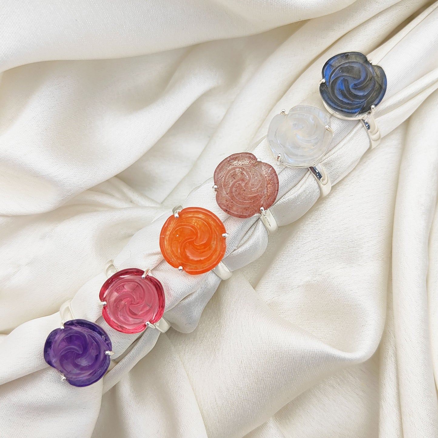 Rainbow Moonstone Handcarved Flower Ring Adjustable 925 Sterling Silver Romantic Jewelry