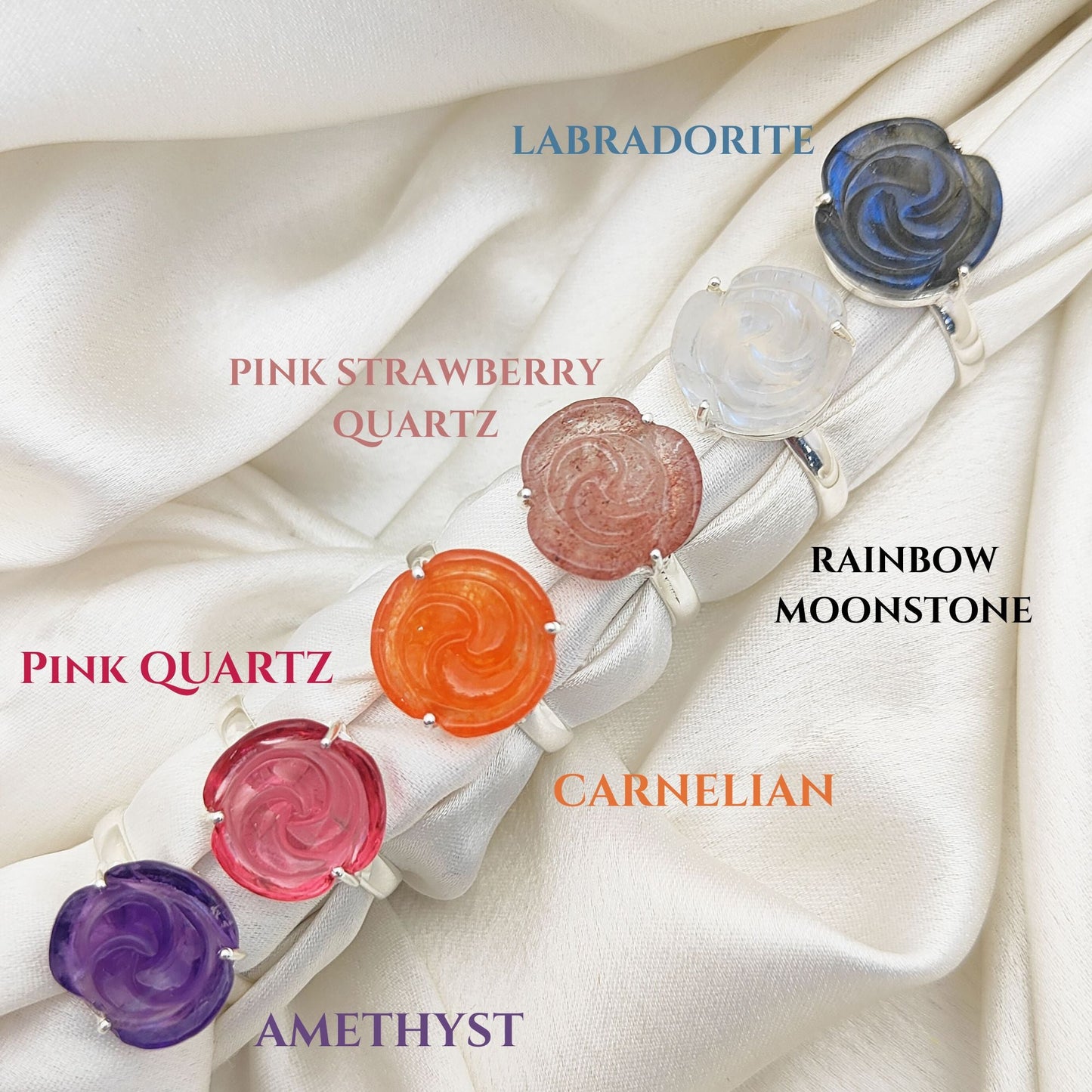 Rainbow Moonstone Handcarved Flower Ring Adjustable 925 Sterling Silver Romantic Jewelry