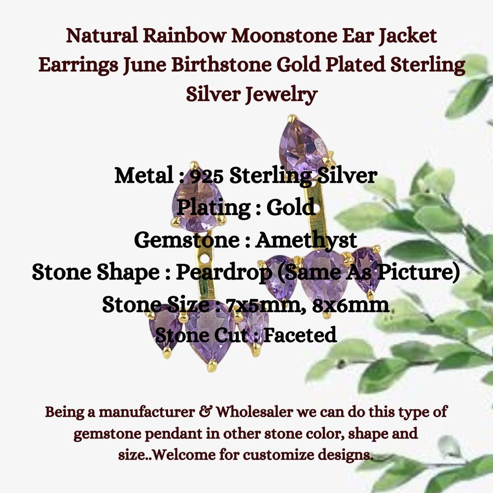 Minimalist Amethyst Gemstone Ear Jacket Earrings Gold Vermeil Sterling Silver Birthstone Jewelry for Women- Selling Per Pair