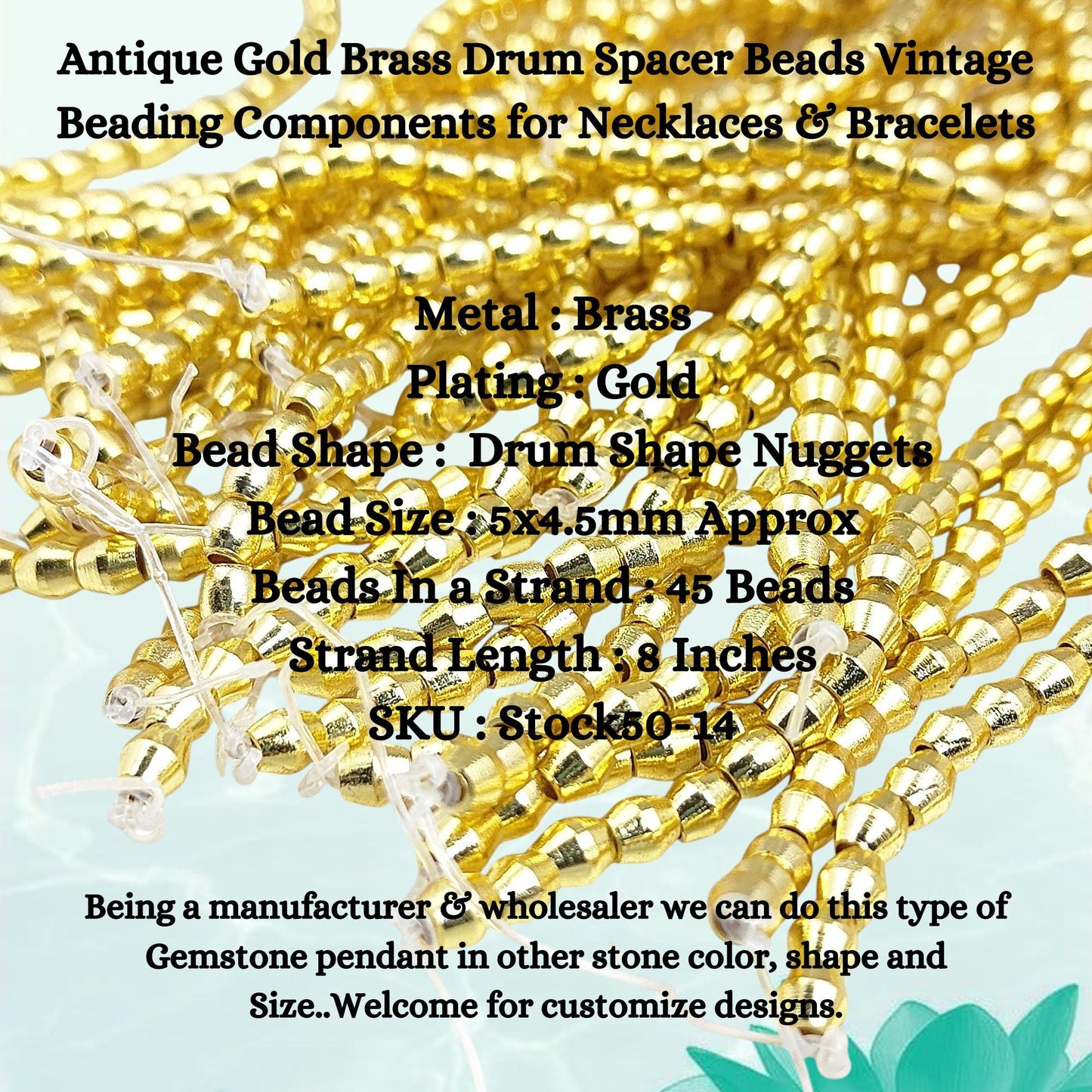 Close-up of vintage style brass drum beads with antique gold plating