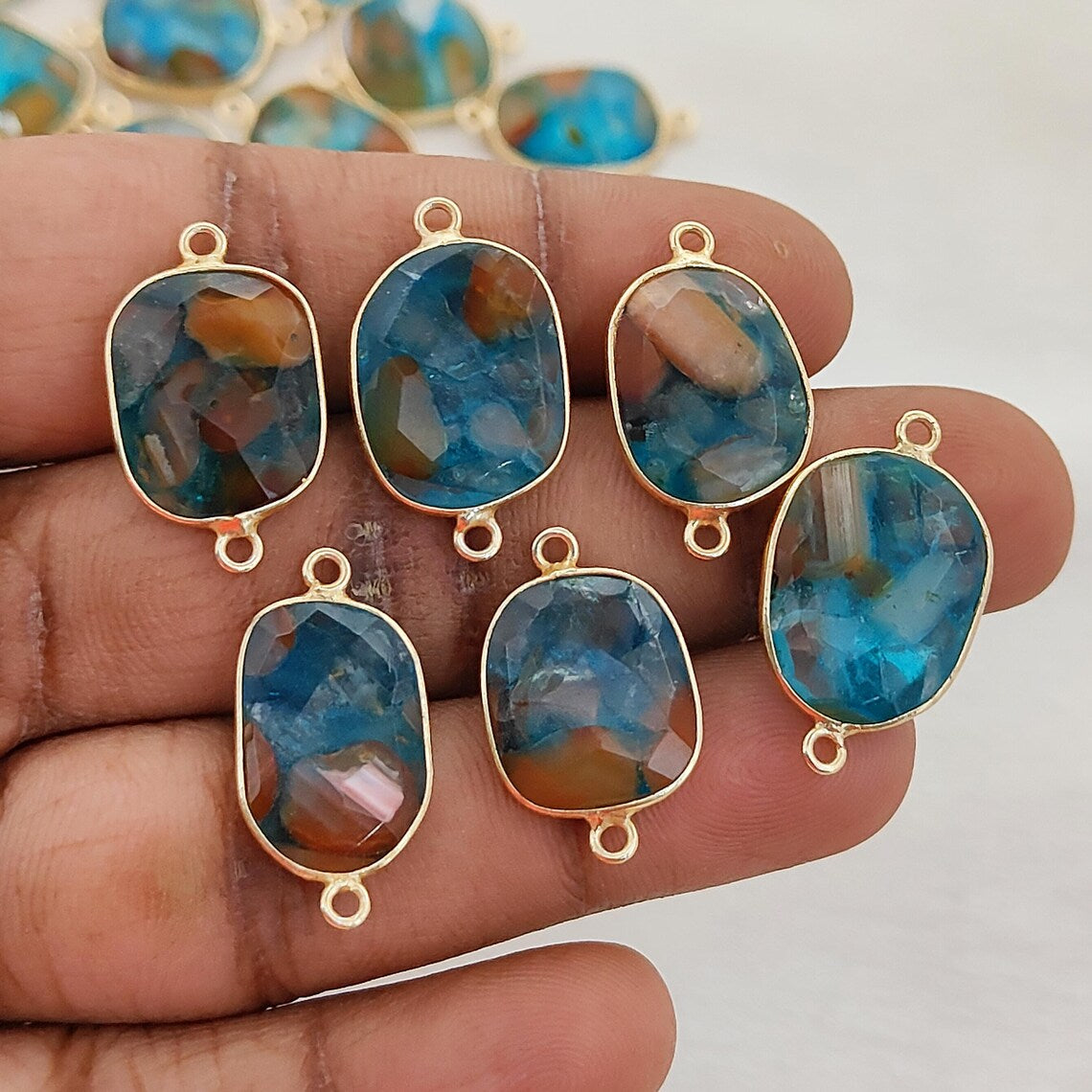 12–15mm Free Form Aqua Terra Jasper Bezel Connector Gold Plated Double Loop Gemstone Links for Handmade Jewelry Projects- Selling Per Piece
