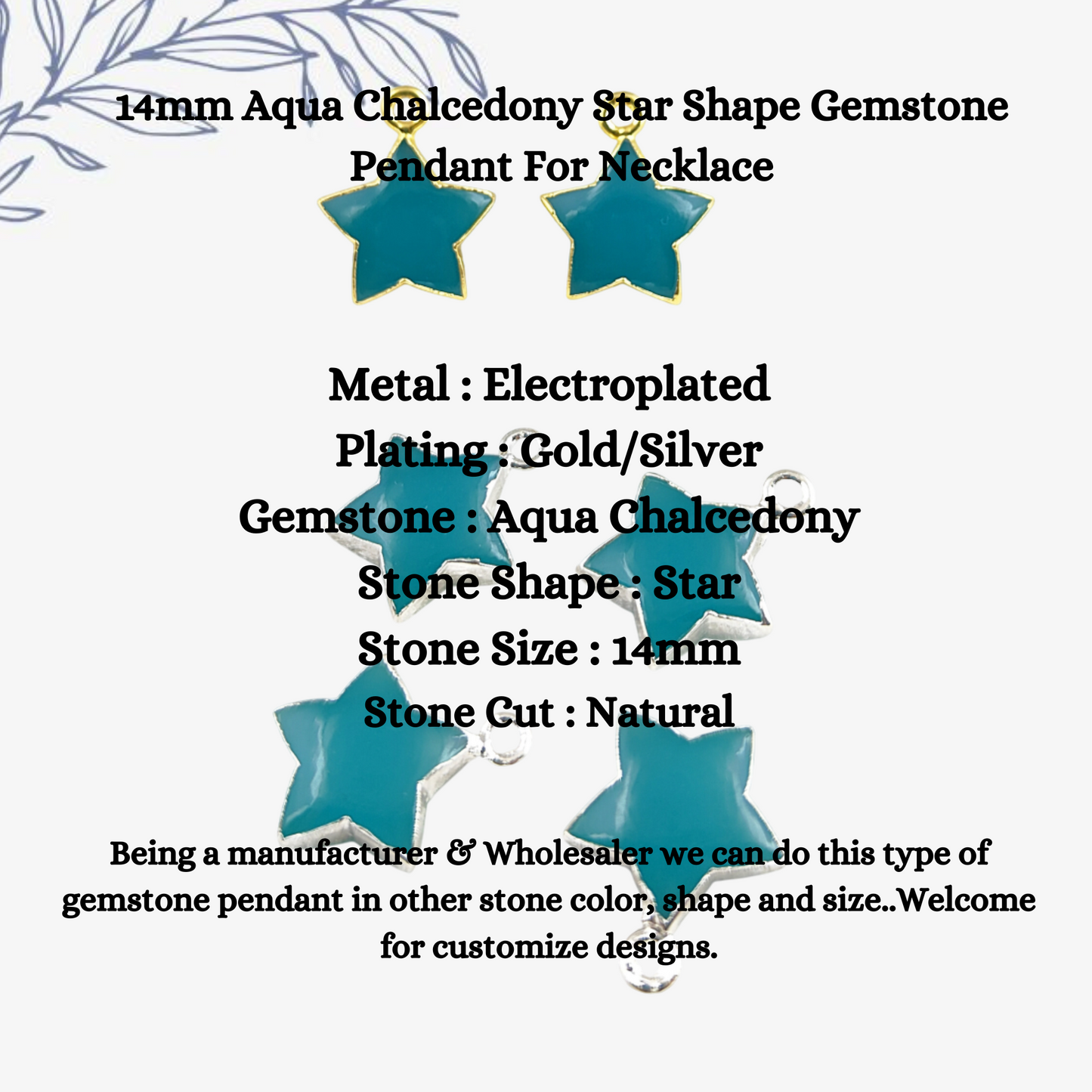 14mm Aqua Chalcedony Star Shape Gemstone Pendant Gold/Silver Electroplated Tiny Minimalist Jewelry-Selling Per Piece