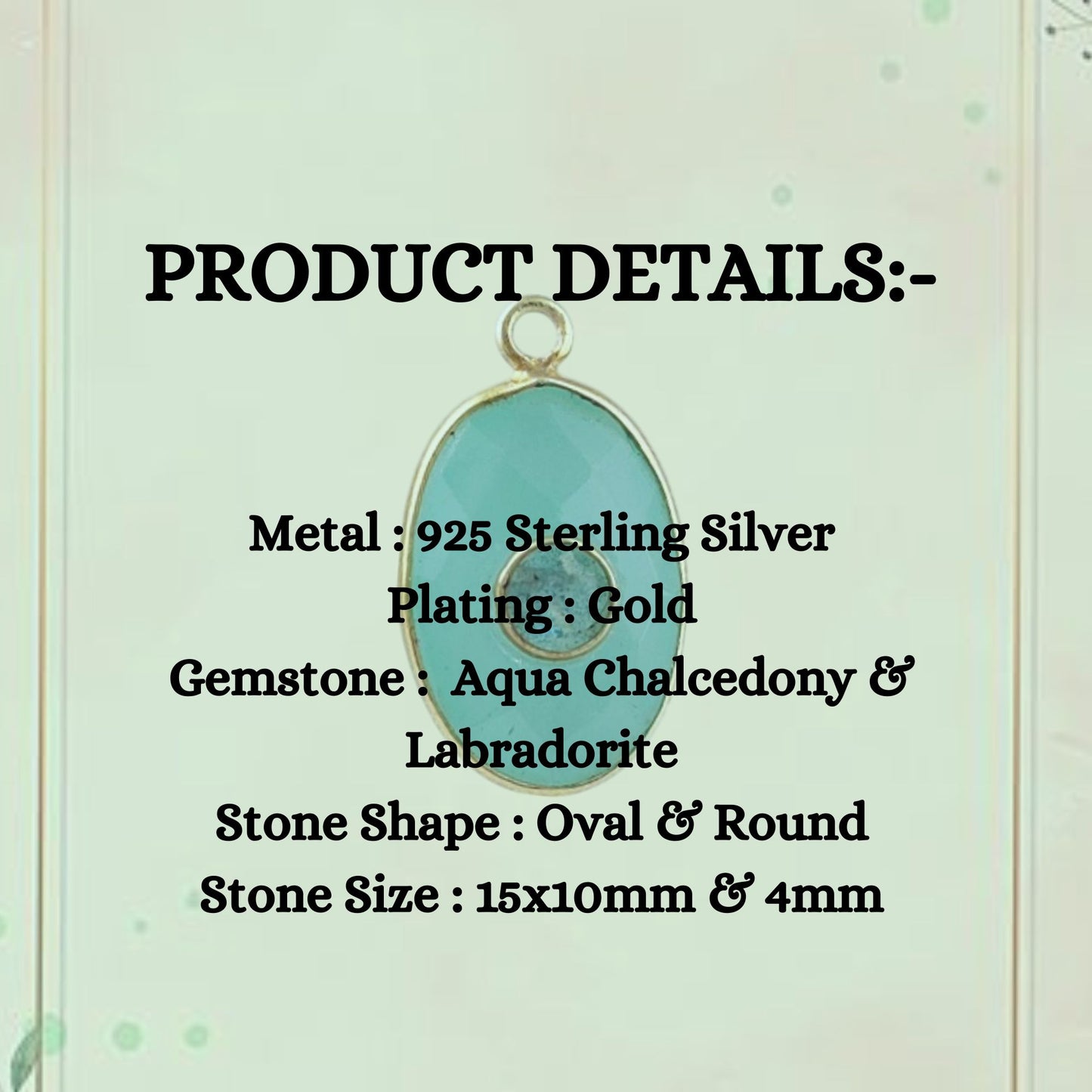 15x10mm Bezel Aqua Chalcedony & Labradorite 2-Stone Gemstone Charm in Gold-Plated Silver- Selling Per Piece