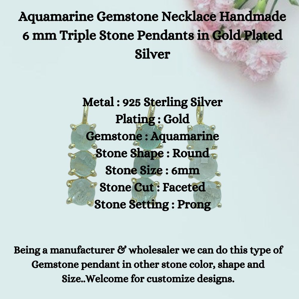 Handmade triple stone aquamarine pendant necklace