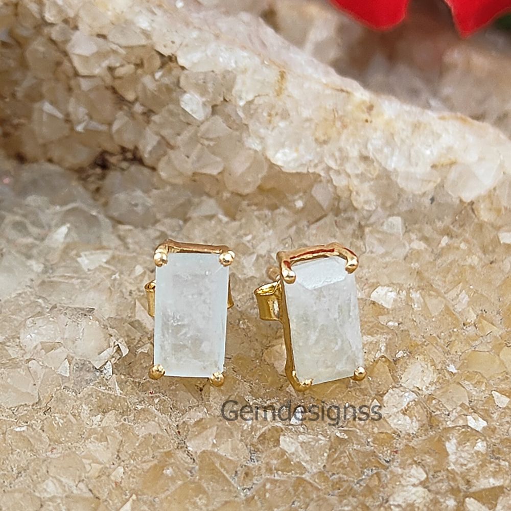 Handmade Multi-Gemstone Studs Gold Vermeil Prong Set Baguette Shape Stud Earrings with Push Back- Selling Per Pair