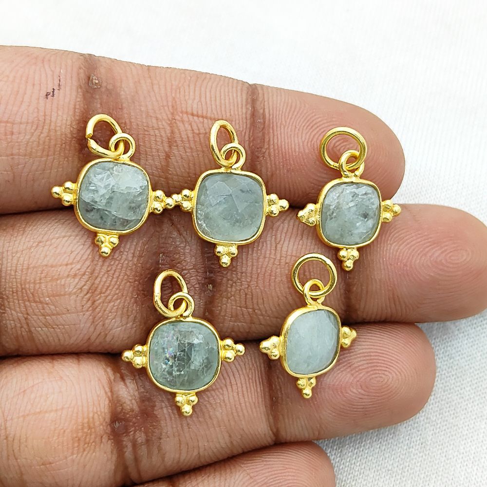 Gold Plated Aquamarine Pendant - 8mm Cushion Cut, March Birthstone Sterling Silver Necklace