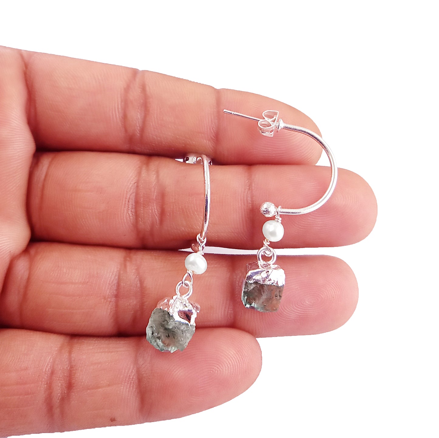 Aquamarine and Pearl Hoop Earrings Dainty 925 Sterling Silver March Birthstone Jewelry- Selling Per Pair