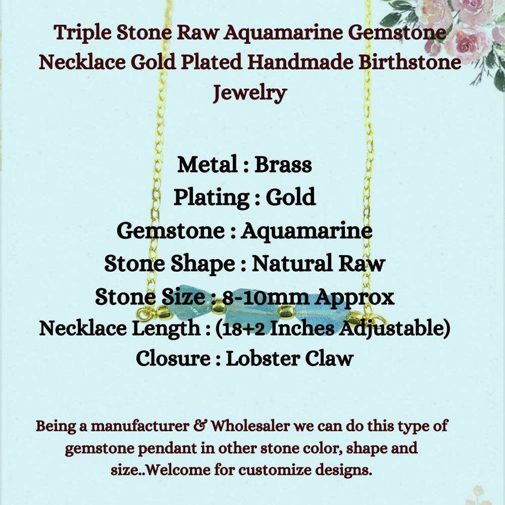 Triple Stone Raw Aquamarine Gemstone Necklace Gold Plated Handmade Birthstone Jewelry for Women- Selling Per Piece