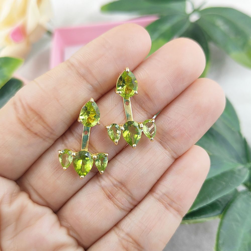 August Birthstone Natural Green Peridot Gemstone Ear Jacket Gold Plated Sterling Silver Handmade Jewelry- Selling Per Pair
