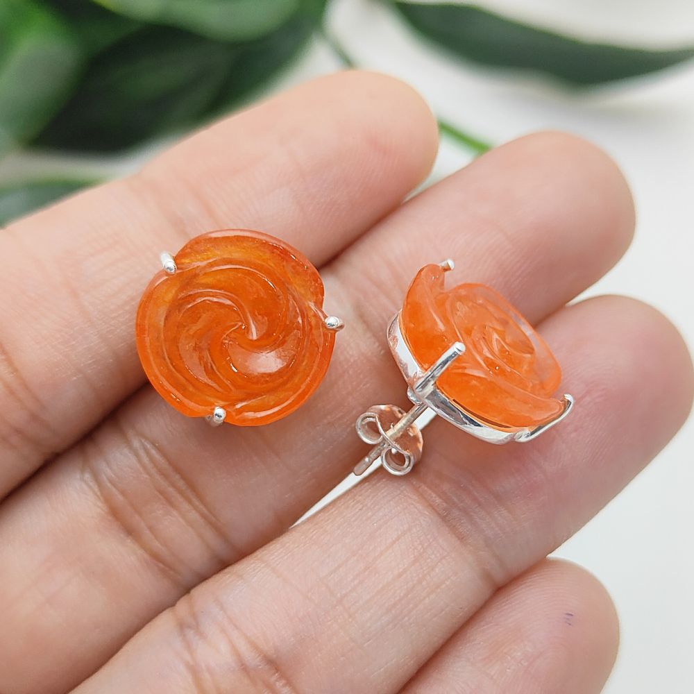 Sterling Silver Rose Stud Earrings – Natural Carnelian Gemstone, Handcarved Floral Design (Pair)