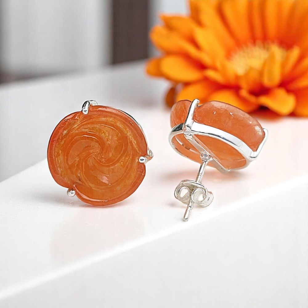 Beautiful Carnelian Rose Stud Earrings in 925 Sterling Silver Handcarved Flower Birthstone Jewelry- Selling as Pair