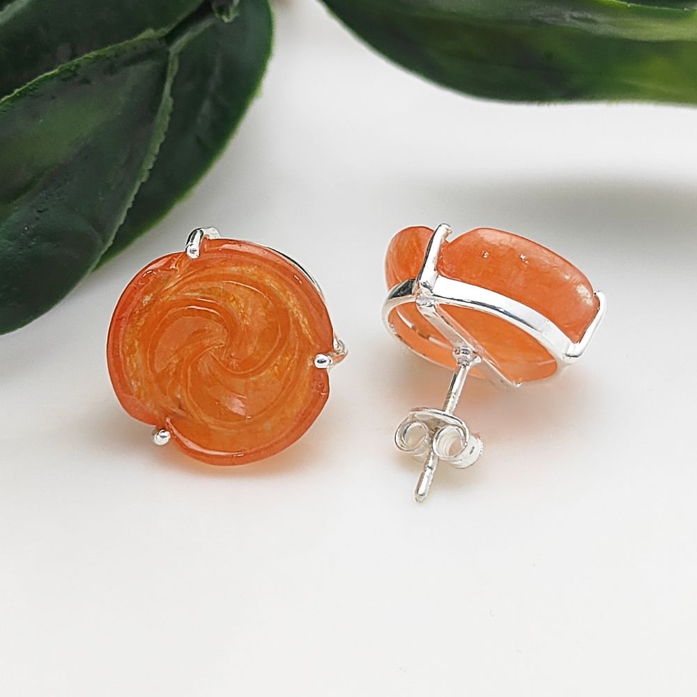 Beautiful Carnelian Rose Stud Earrings in 925 Sterling Silver Handcarved Flower Birthstone Jewelry- Selling as Pair