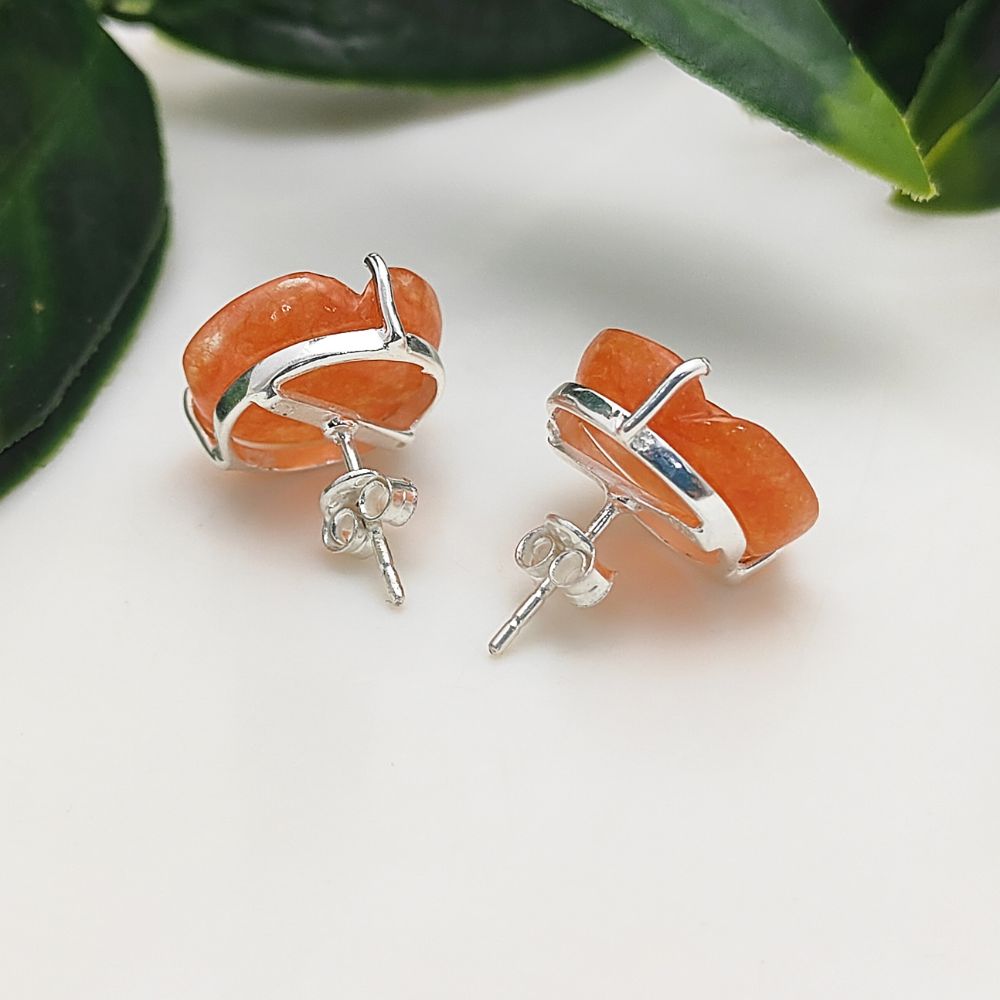 Carnelian Stud Earrings – 925 Sterling Silver Handcarved Rose Flower, Birthstone Jewelry Gift (Pair)