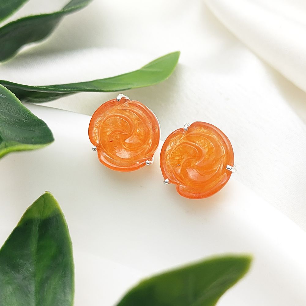 925 Silver Floral Stud Earrings – Carnelian Rose Design, Handmade Birthstone Earrings for Women (Pair)