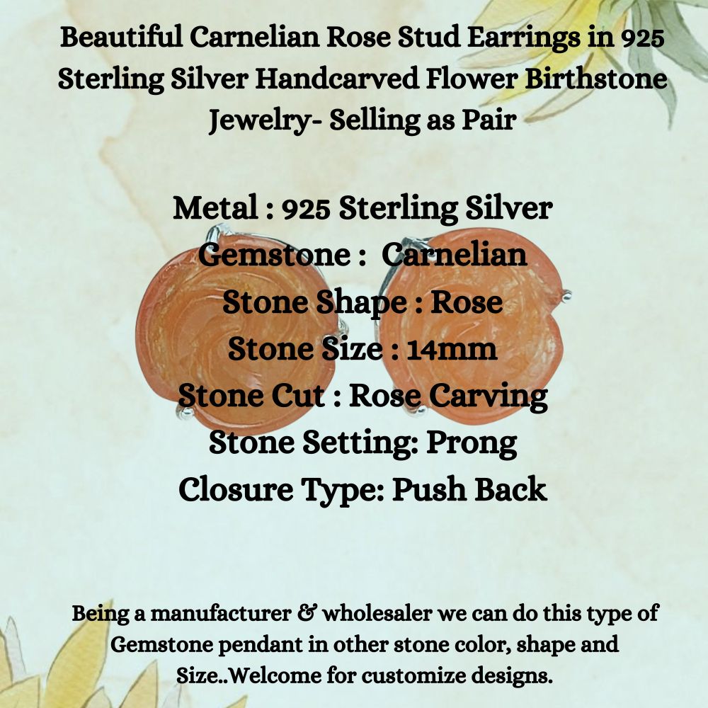 Carnelian Flower Stud Earrings – Handcarved Rose in Sterling Silver, July Birthstone Jewelry (Pair)