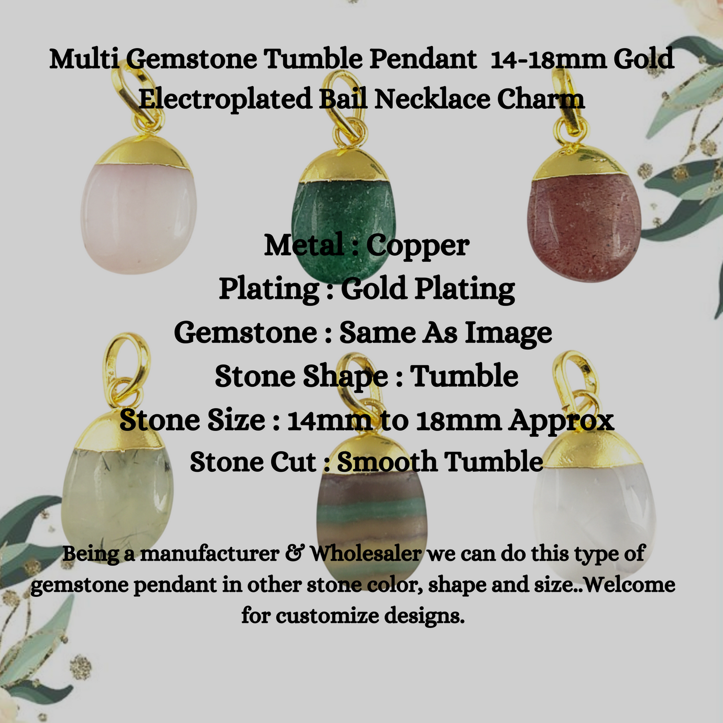 Multi Gemstone Tumble Pendant  14-18mm Gold Electroplated Bail Necklace Charm for Women- Selling Per Piece