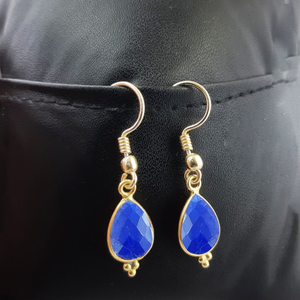 Bezel Set Blue Sapphire Dangle Earrings – Elegant Gold Plated Jewelry for Women