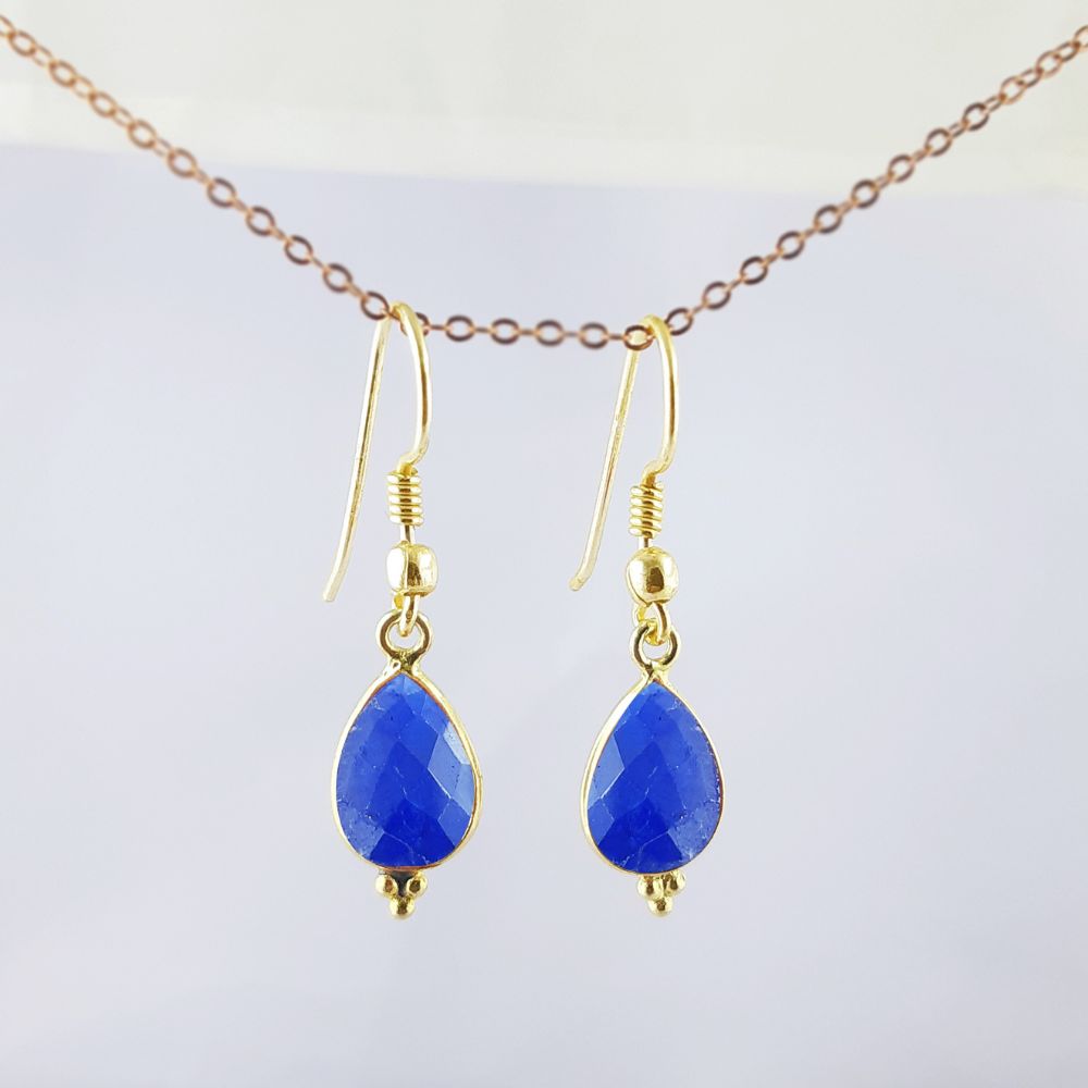 Bezel Set 12x8mm Blue Sapphire Teardrop Dangle Earrings Gold Plated Handmade Minimalist Jewelry for Gift- Selling Per Pair