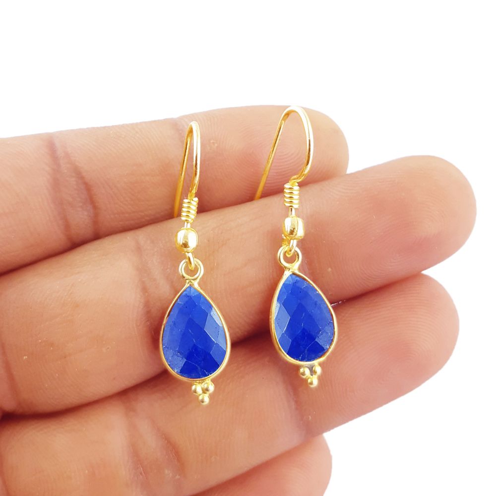 Minimalist Blue Sapphire Earrings – 12x8mm Teardrop Gold Plated Gemstone Jewelry