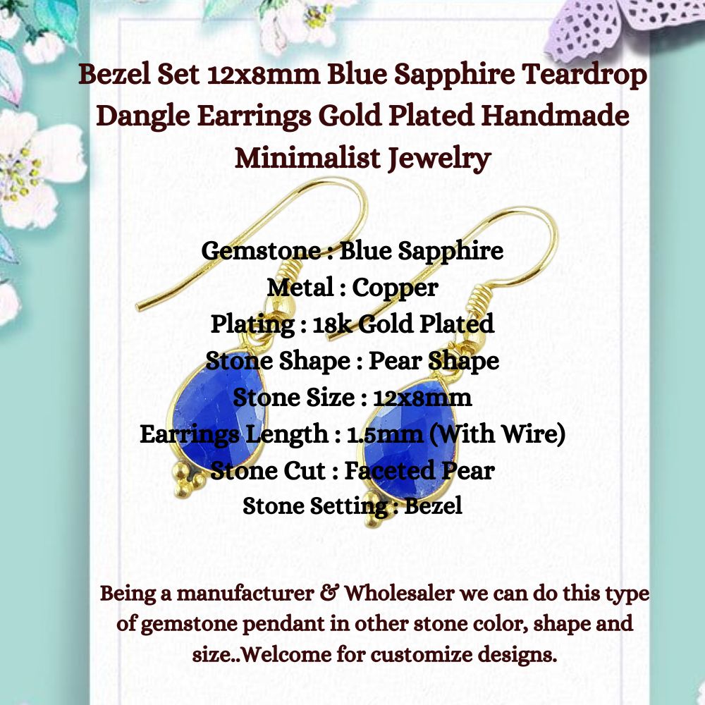 Bezel Set 12x8mm Blue Sapphire Teardrop Dangle Earrings Gold Plated Handmade Minimalist Jewelry for Gift- Selling Per Pair