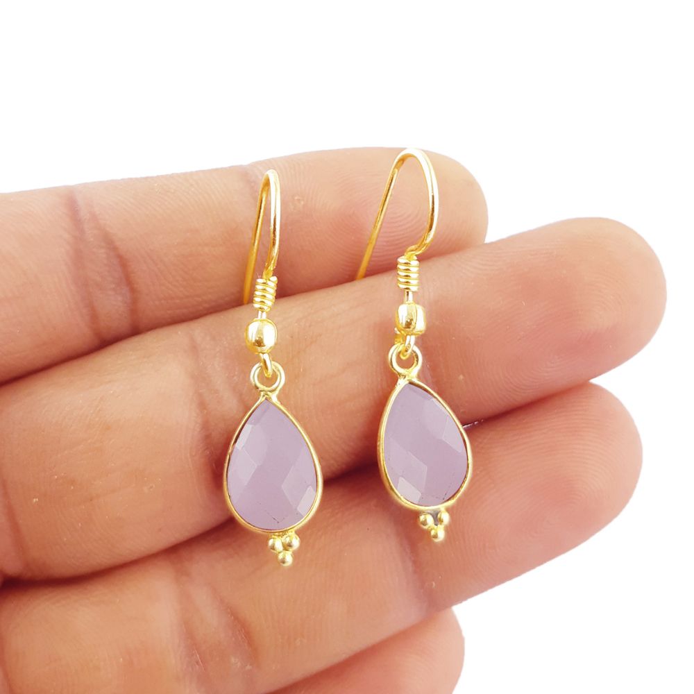 Minimalist Pink Chalcedony Earrings – 12x8mm Teardrop Gold Plated Gemstone Jewelry