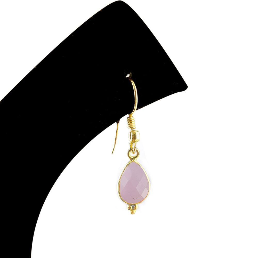 Bezel Set 12x8mm Pink Chalcedony Teardrop Dangle Earrings Gold Plated Minimalist Jewelry for Her- Selling Per Pair