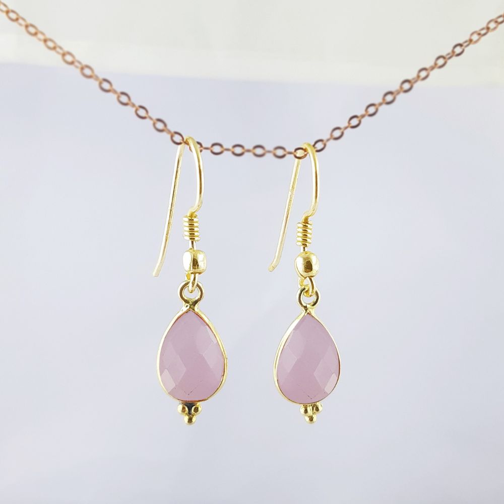 Dainty Pink Chalcedony Gemstone Earrings – Bezel Set Gold Plated Jewelry for Her