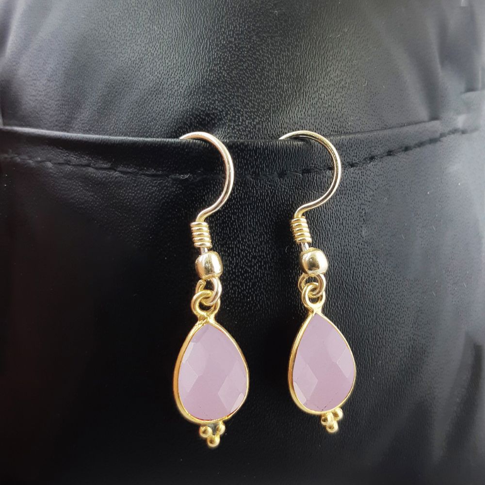 Bezel Set Pink Chalcedony Dangle Earrings – Elegant Gold Plated Jewelry for Women