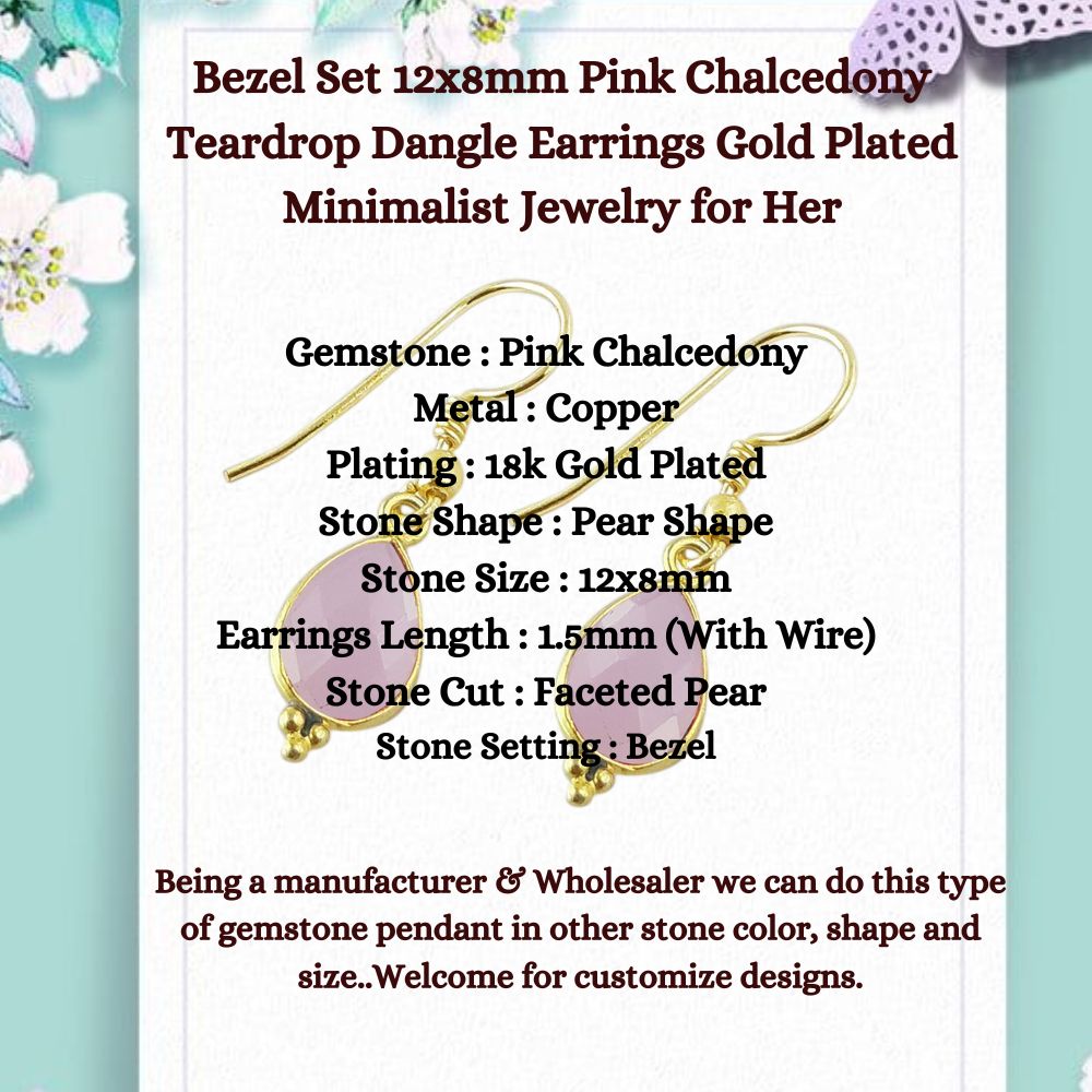 Bezel Set 12x8mm Pink Chalcedony Teardrop Dangle Earrings Gold Plated Minimalist Jewelry for Her- Selling Per Pair
