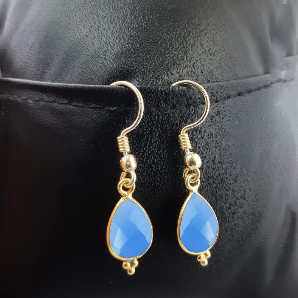 Bezel Set Blue Chalcedony Dangle Earrings – Elegant Gold Plated Jewelry for Women