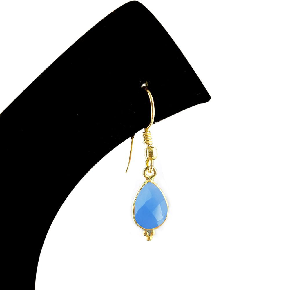 Bezel Set Blue Chalcedony Teardrop Gemstone Dangle Earrings 12x8mm Gold Plated Jewelry for Women- Selling Per Pair