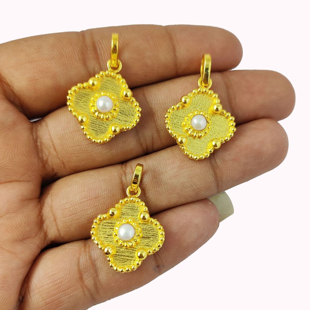 Birthstone Clover Handmade Pendant in Gold Plated Finish Handmade Round Cab White Pearl Jewelry-Selling Per Piece