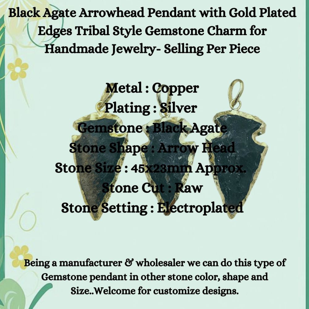 Black Agate Arrowhead Pendant with Gold Plated Edges Tribal Style Gemstone Charm for Handmade Jewelry- Selling Per Piece