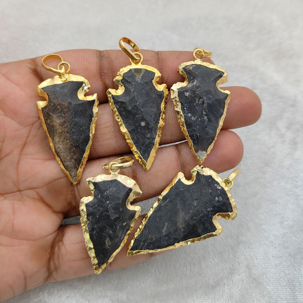 Black Agate Arrowhead Pendant with Gold Plated Edges Tribal Style Gemstone Charm for Handmade Jewelry- Selling Per Piece