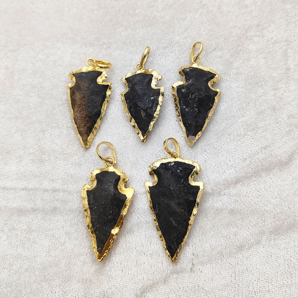 Black Agate Arrowhead Pendant with Gold Plated Edges Tribal Style Gemstone Charm for Handmade Jewelry- Selling Per Piece