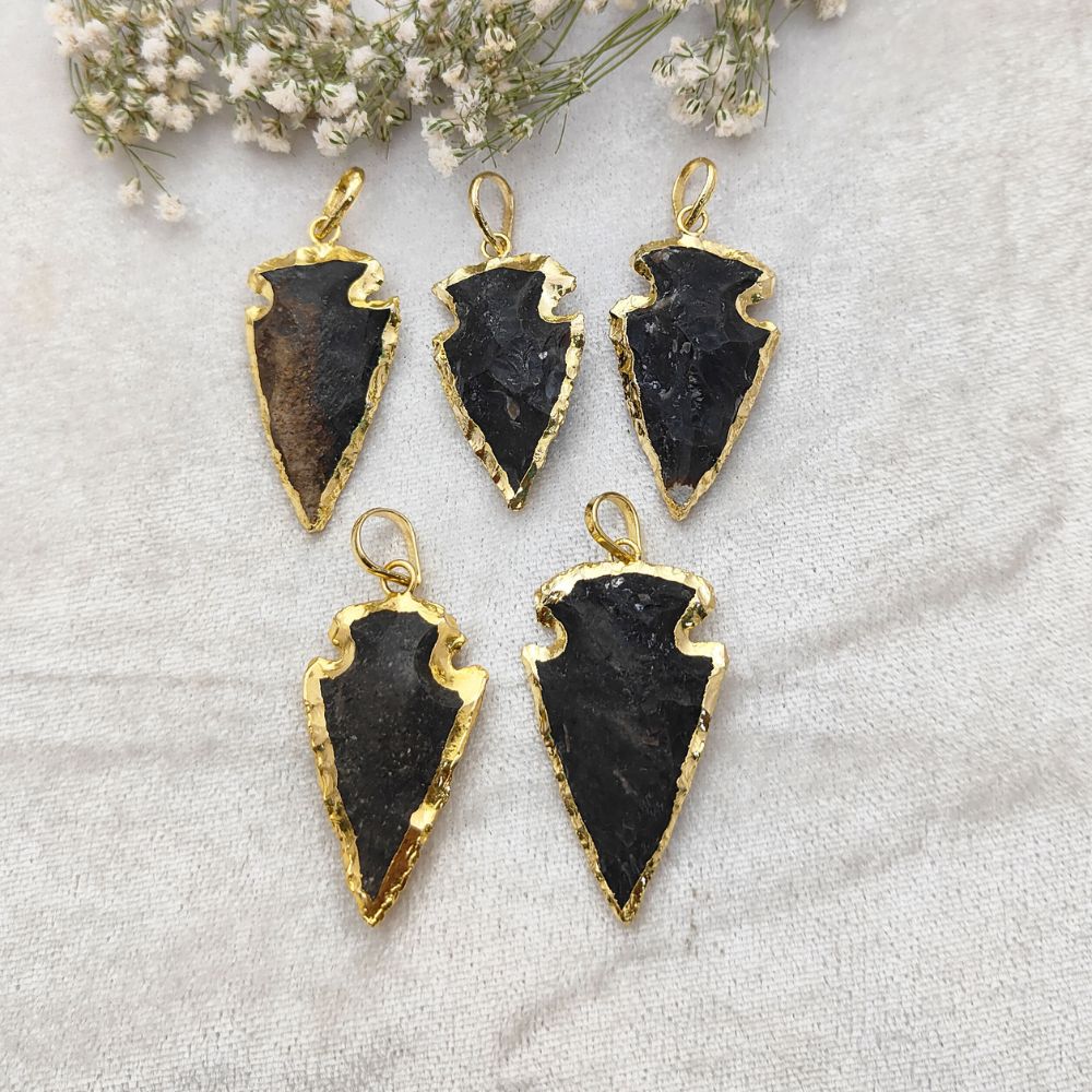 Black Agate Arrowhead Pendant with Gold Plated Edges Tribal Style Gemstone Charm for Handmade Jewelry- Selling Per Piece