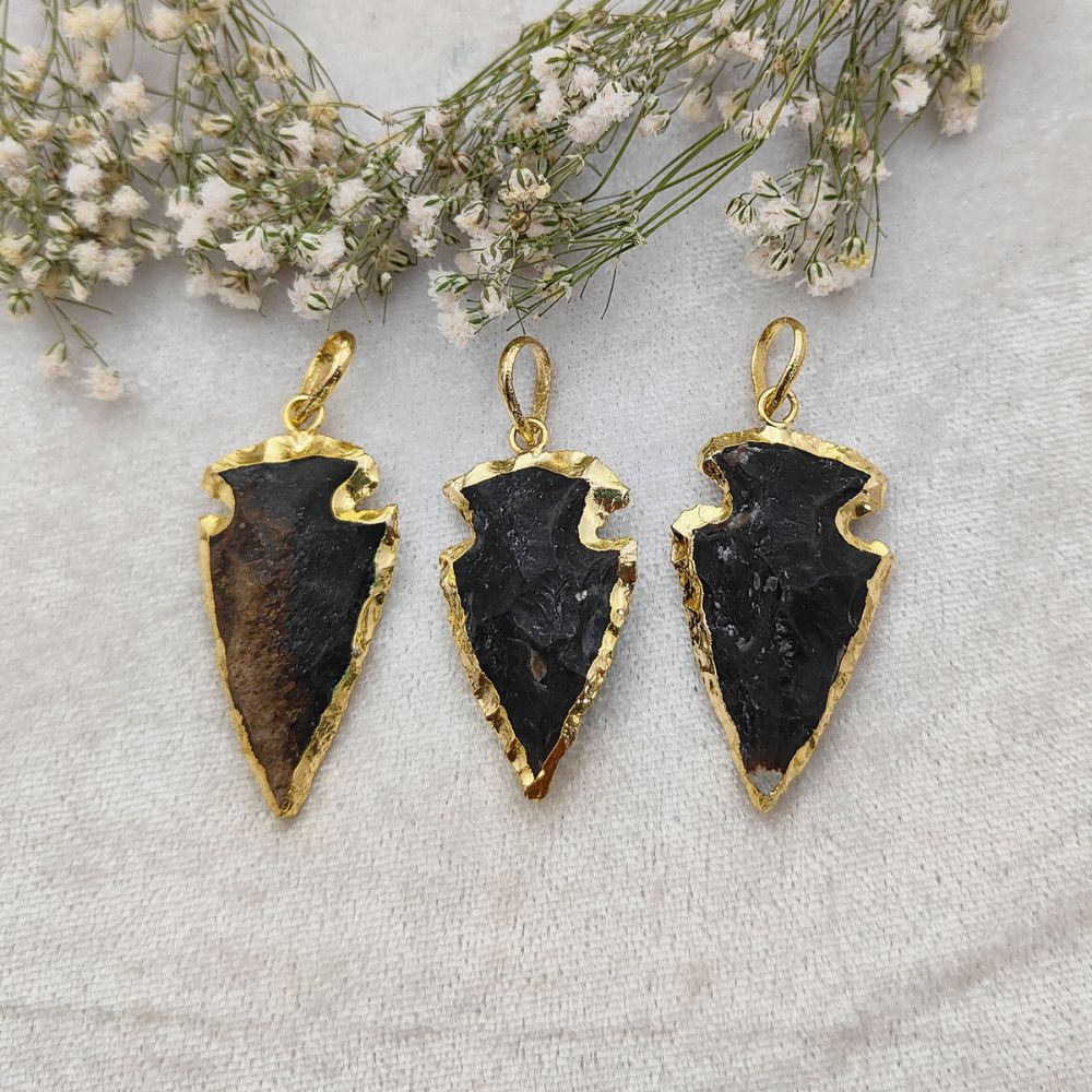 Black Agate Arrowhead Pendant with Gold Plated Edges Tribal Style Gemstone Charm for Handmade Jewelry- Selling Per Piece