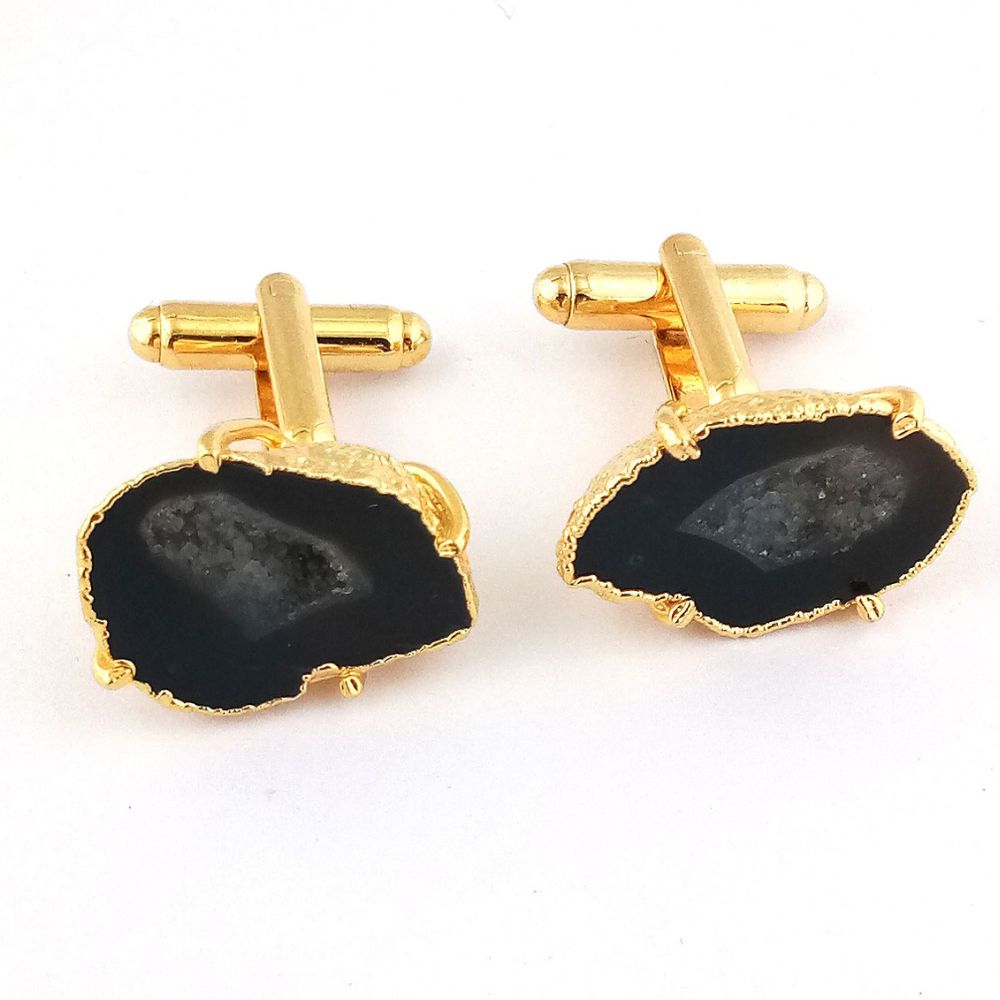 Raw Black Geode Cufflinks – Electroplated in Gold – Sold as a Pair