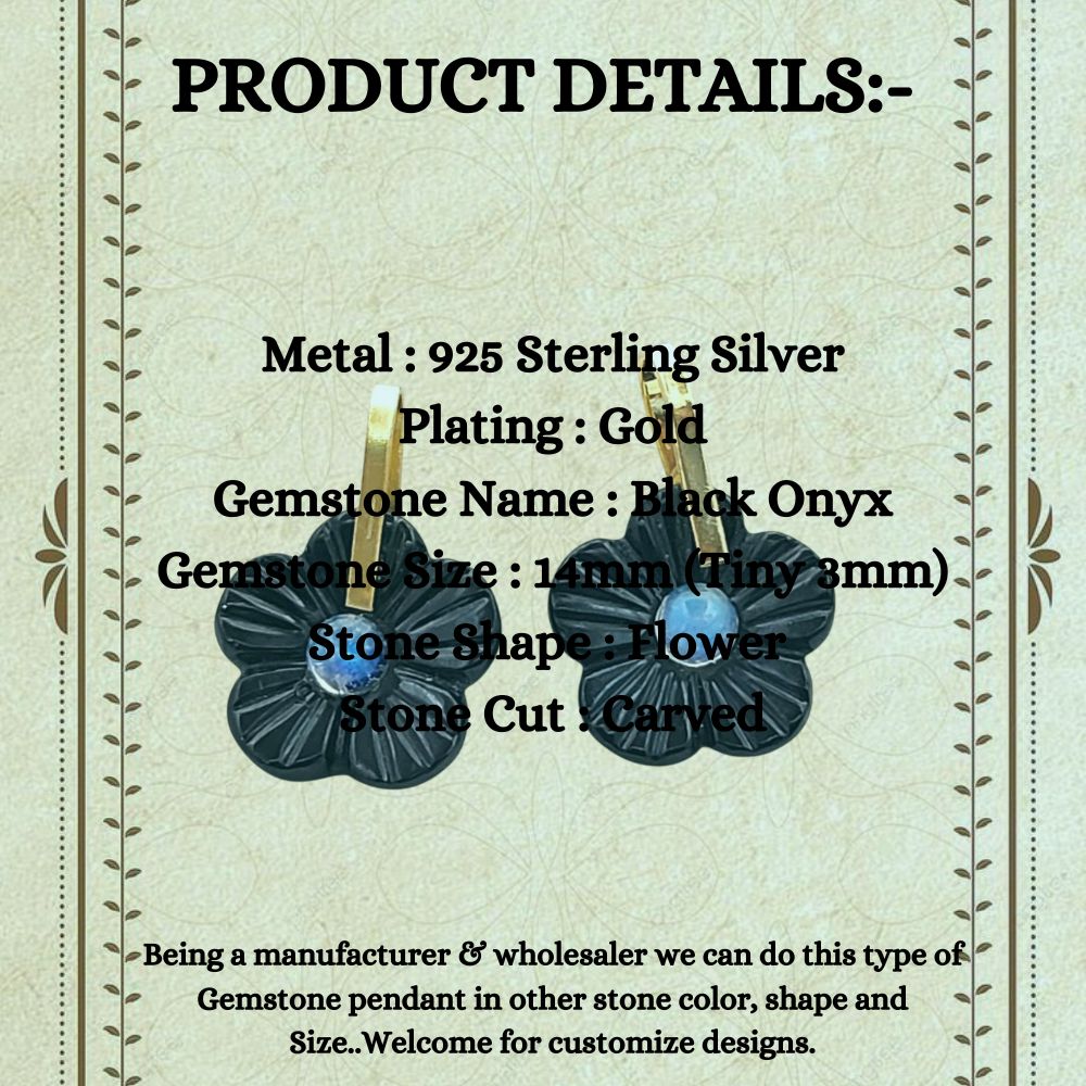 Black Onyx Carved Floral Gemstone Pendant Handmade Charm in Gold Plated 925 Sterling Silver- Selling Per Piece
