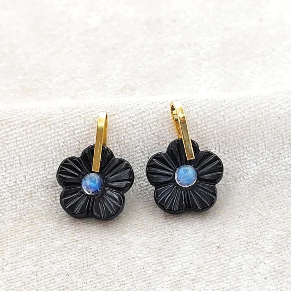 Black Onyx Carved Floral Gemstone Pendant Handmade Charm in Gold Plated 925 Sterling Silver- Selling Per Piece