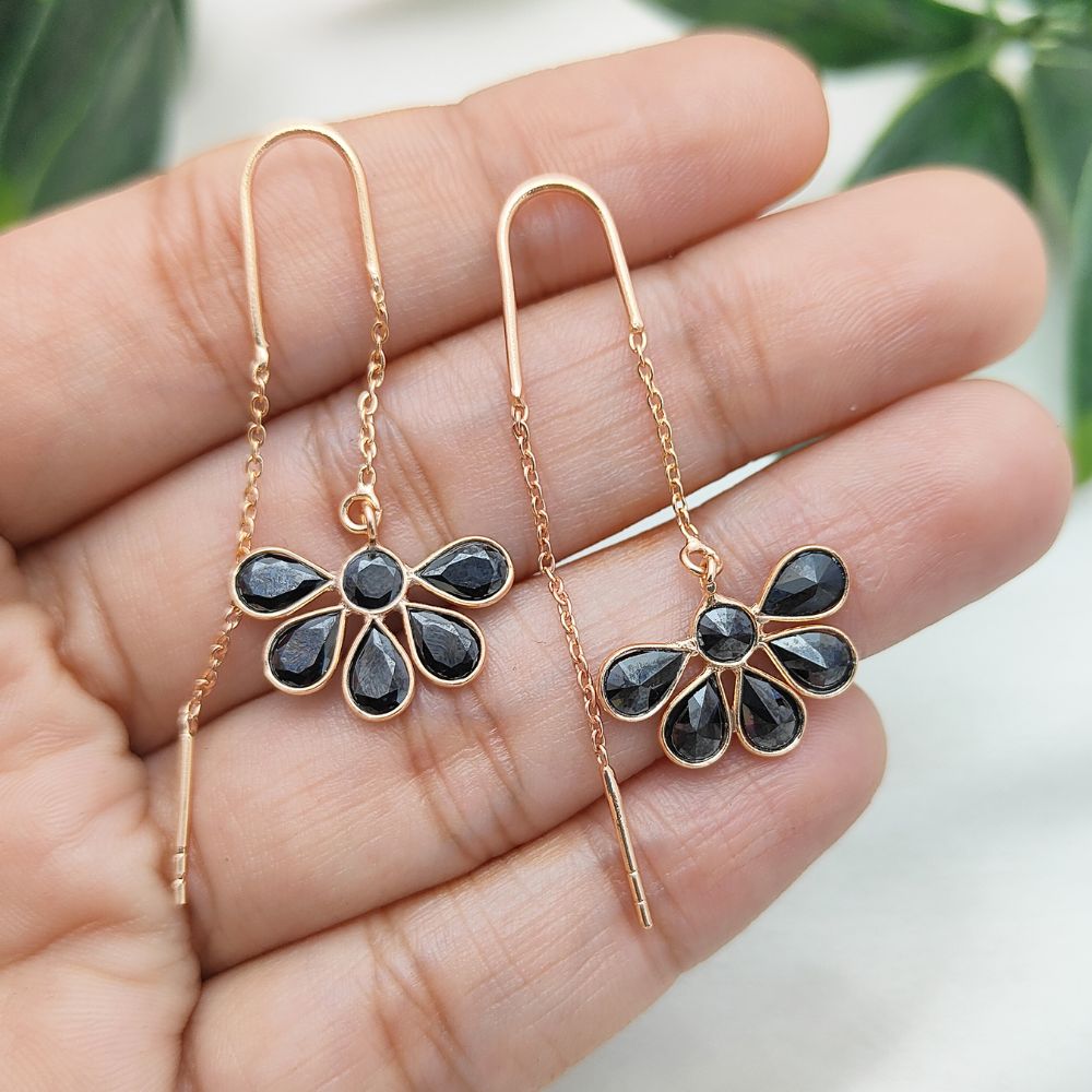 Minimalist Threader Earrings Black CZ Drop Rose Gold Sterling Silver Dainty Handmade Earrings for Her