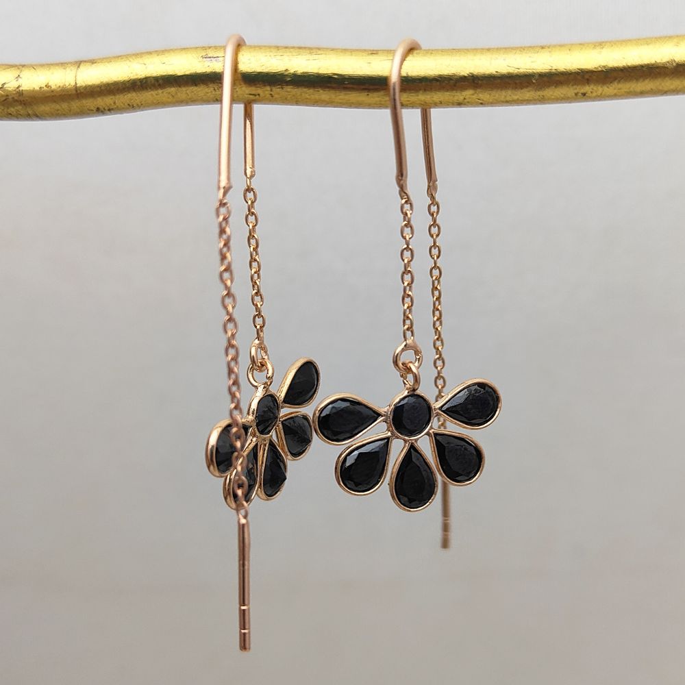 Pear Drop Threader Earrings Black CZ Rose Gold Plated Sterling Silver Handmade Dainty Jewelry