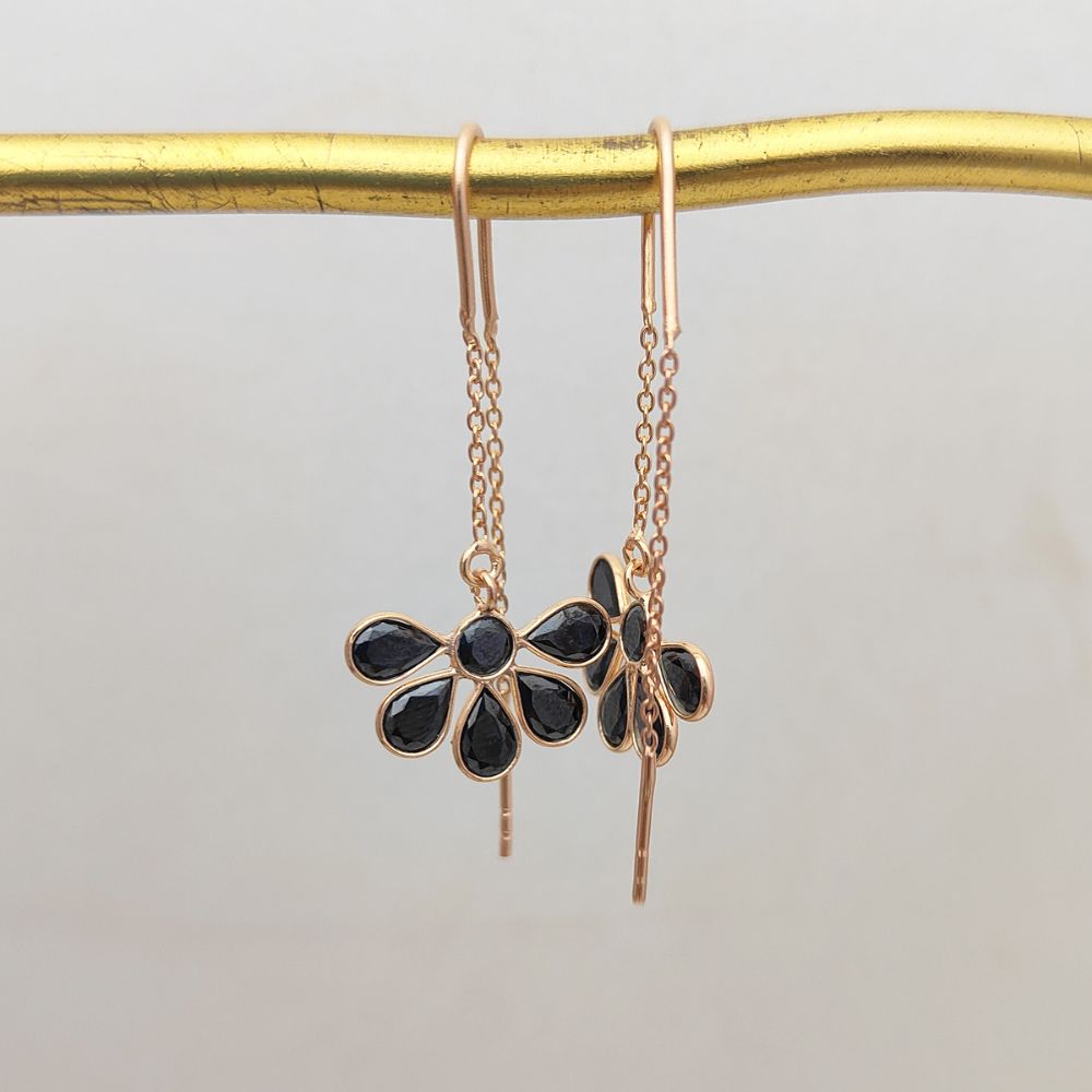 Handmade Black CZ Earrings Threader Drop Style Pear Cut Stone Rose Gold Sterling Silver Dangle