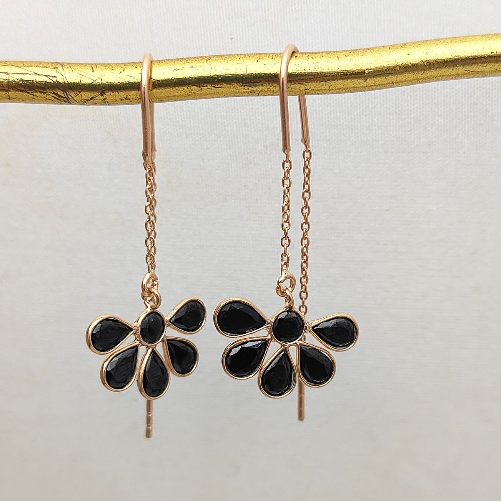 Elegant Black CZ Threader Earrings Handmade Rose Gold Drop Sterling Silver Pear Cut Earrings