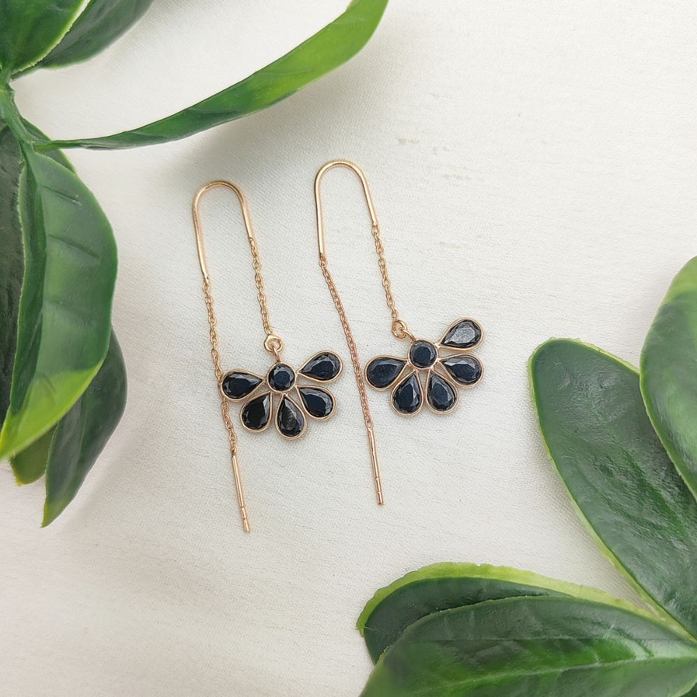 Black Cubic Zirconia Earrings Rose Gold Threaders Pear Cut Drop Sterling Silver Dangle for Women