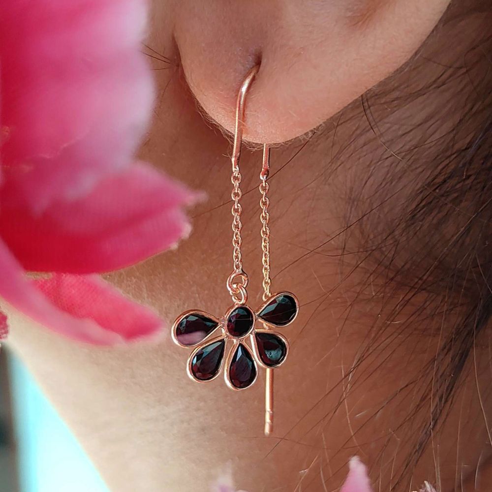 Handmade Black CZ Threader Earrings Pear Drop Rose Gold Plated Sterling Silver Minimalist Jewelry Gift