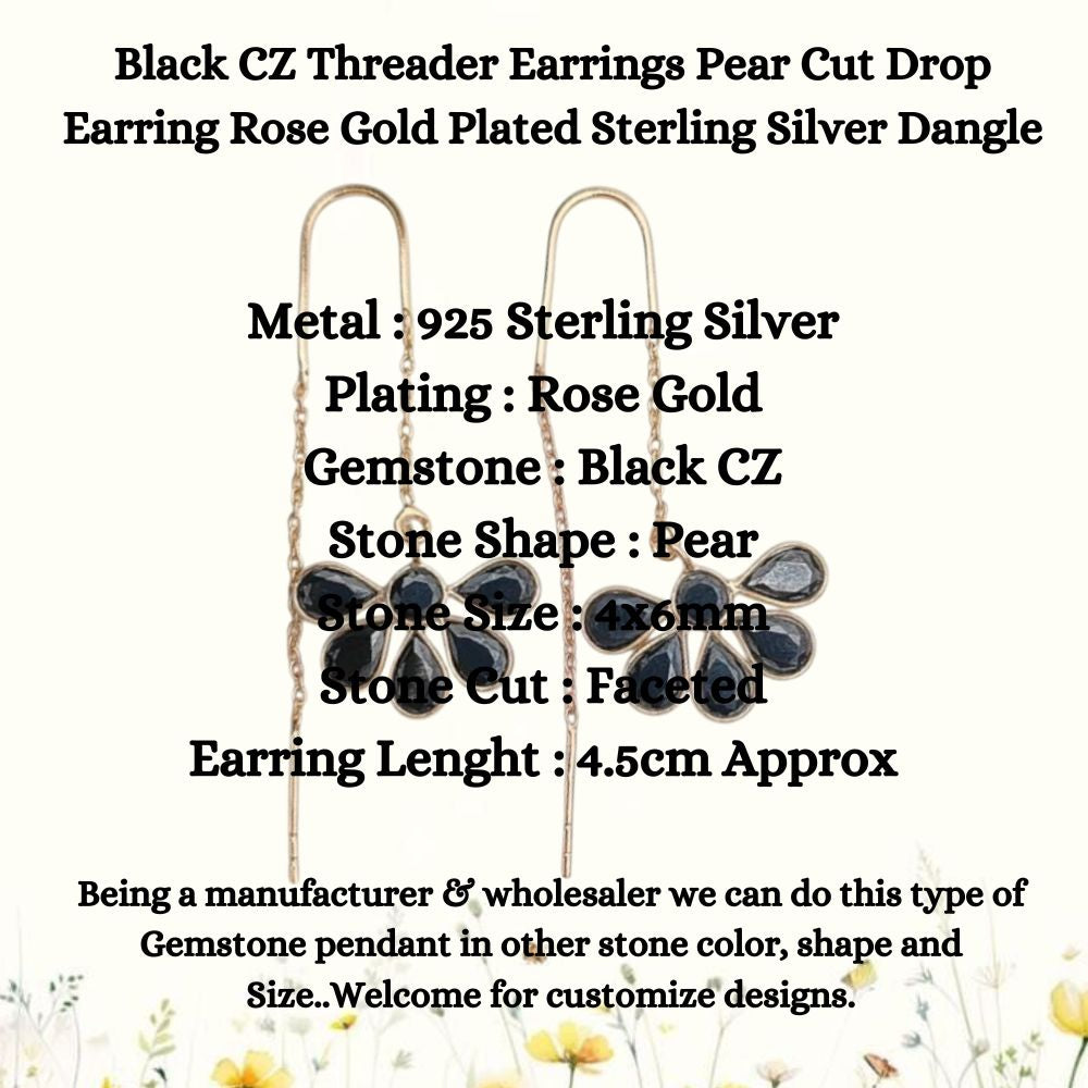 Dainty Black CZ Drop Earrings Threader Style Rose Gold Plated Sterling Silver Elegant Handmade Jewelry