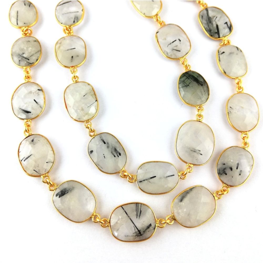 Black Rutile Bezel Link Faceted Freeform Gemstones Chain Gold Plated Connector Chain-Selling per Foot