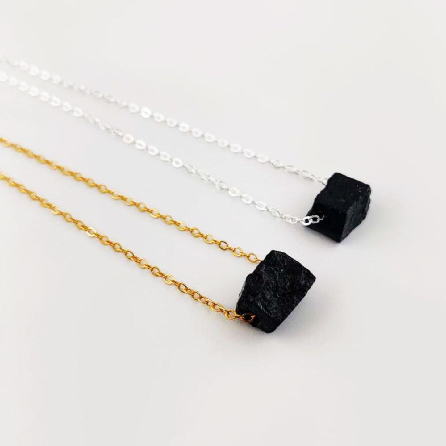 Raw Black Tourmaline Pendant – Gold Chain Healing Necklace
